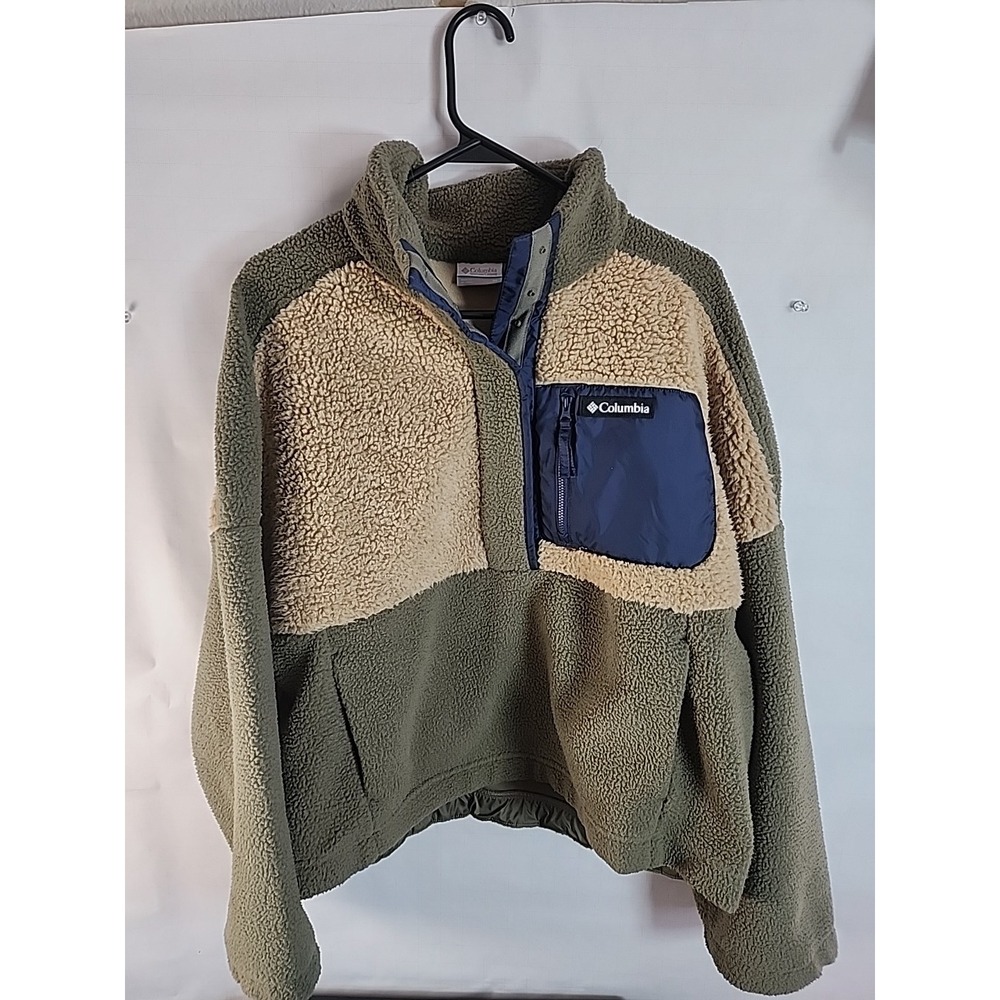 Columbia Lodge Sherpa Fleece Popover green tan navy women's XL